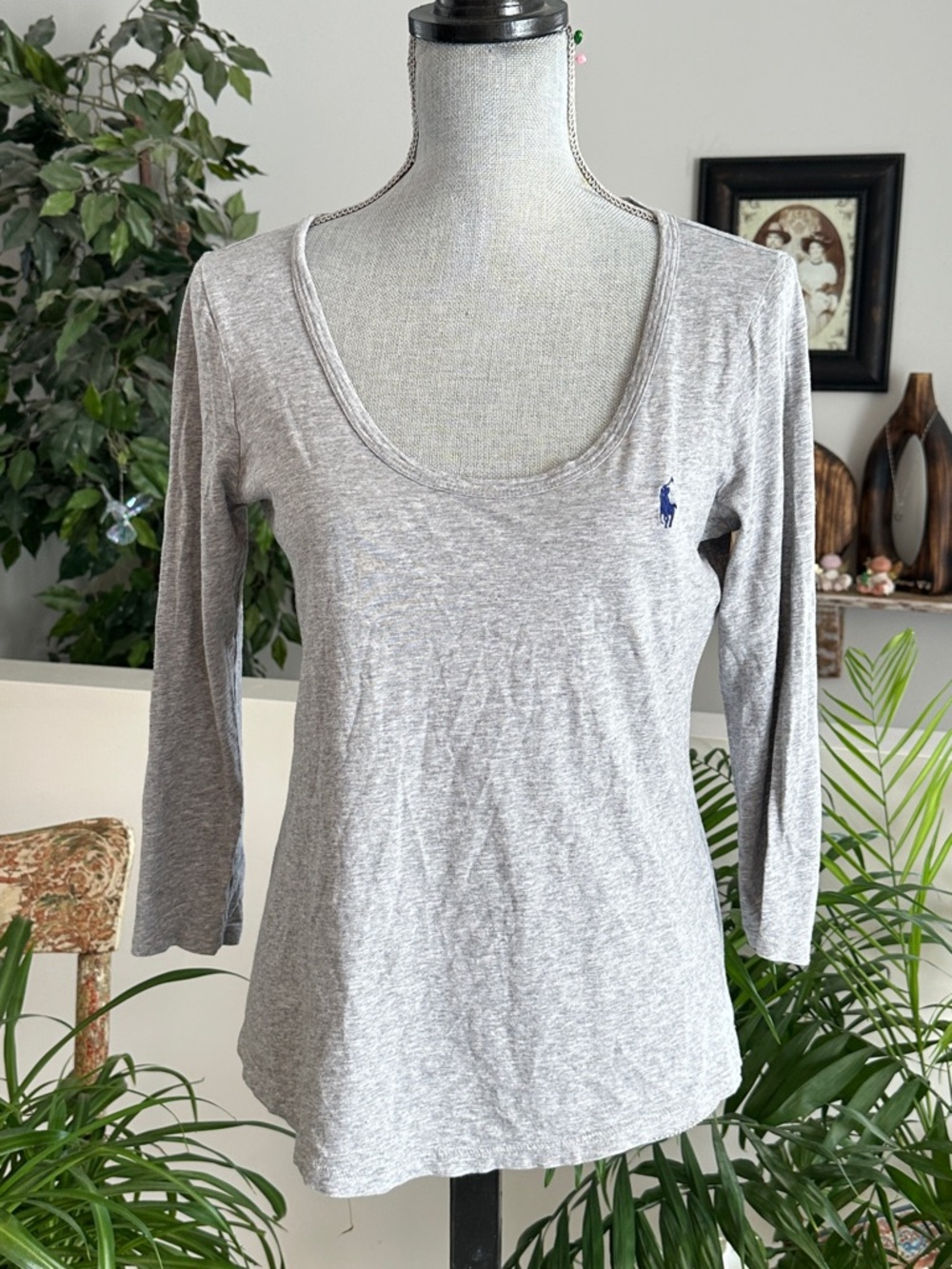 Ralph Lauren Heather Gray Scoop Neck Long Sleeve Tee with Navy Pony